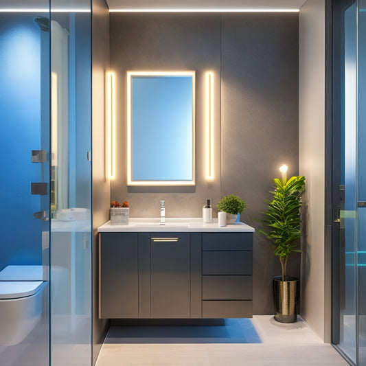 A sleek, modern bathroom with a wall cabinet featuring a mirrored door, soft-close hinges, and a LED-lit interior, surrounded by elegant fixtures and a minimalist aesthetic.