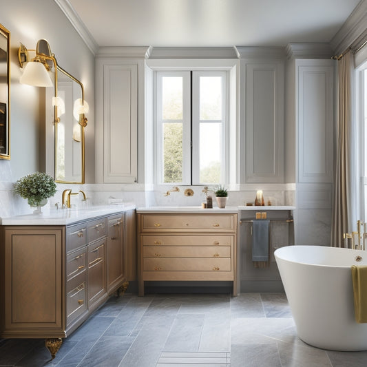 A luxurious bathroom with a freestanding tub, surrounded by sleek cabinets with hidden compartments, and a floor-to-ceiling shelving unit with sliding panels revealing secret storage areas.