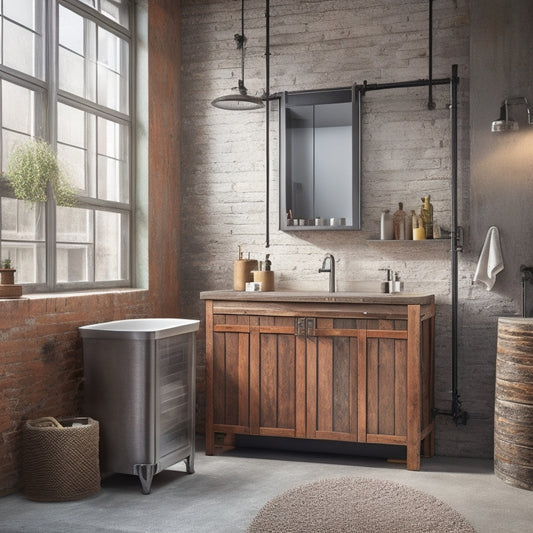 A modern industrial bathroom with a distressed metal freestanding cabinet unit featuring exposed pipes, metal mesh doors, and a reclaimed wood top, surrounded by concrete walls and industrial-style lighting.