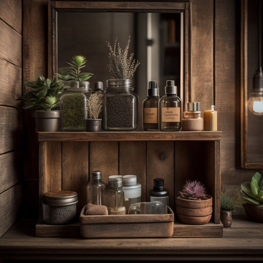 A rustic vintage industrial bathroom cabinet organizer featuring distressed wood and aged metal accents, filled with neatly arranged toiletries, vintage jars, and potted succulents, illuminated by warm, soft lighting.