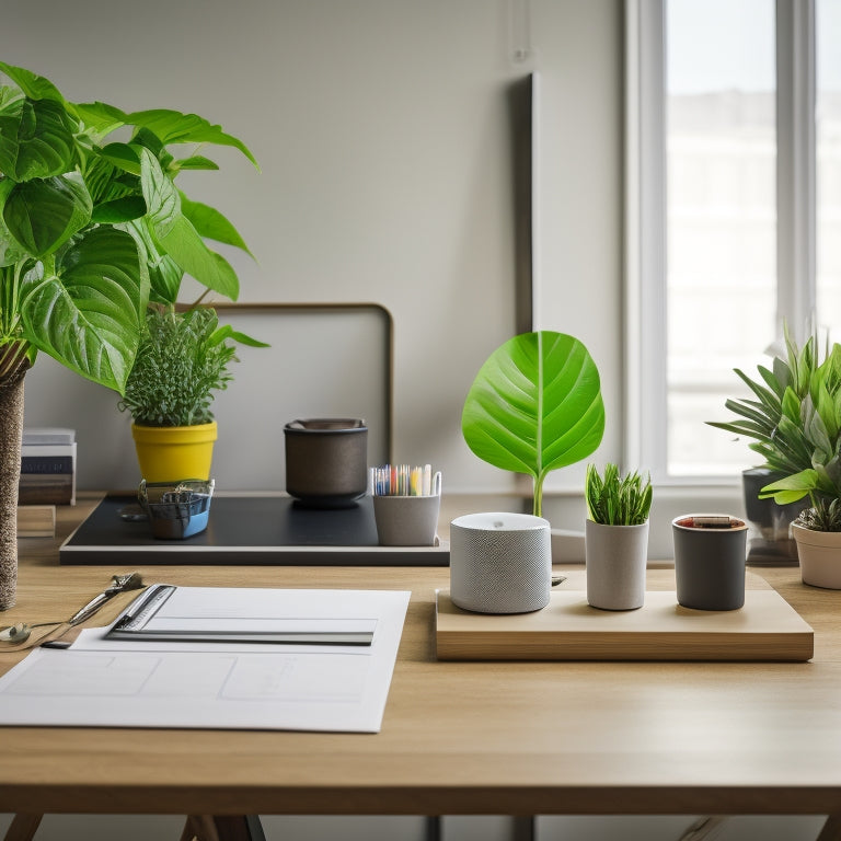 A serene, minimalist workspace with a tidy desk, a few carefully placed potted plants, and a few choice organizational tools like a paper tray, a desk calendar, and a few colorful pens.