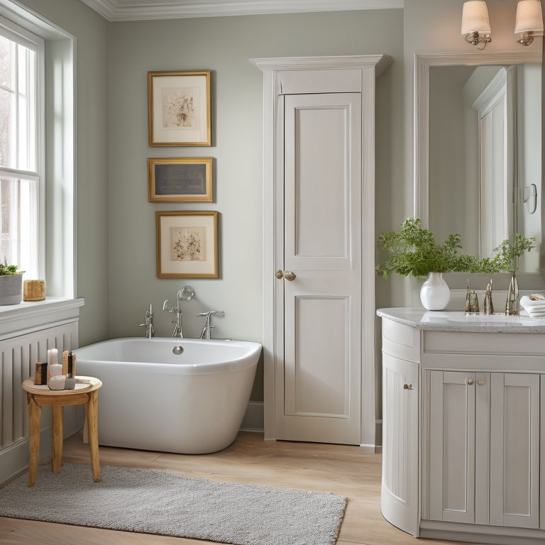 A serene, well-lit bathroom with soft gray walls, warm beige floors, and a freestanding tub, featuring a sleek, wall-mounted cabinet with mirrored doors and a woven storage basket beneath the sink.