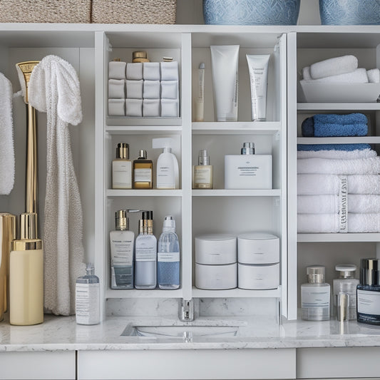 A cluttered bathroom cabinet with overflowing toiletries and beauty products, transformed into a tidy space with sleek, compact organizers and built-in shelves, showcasing a peaceful, spa-like atmosphere.