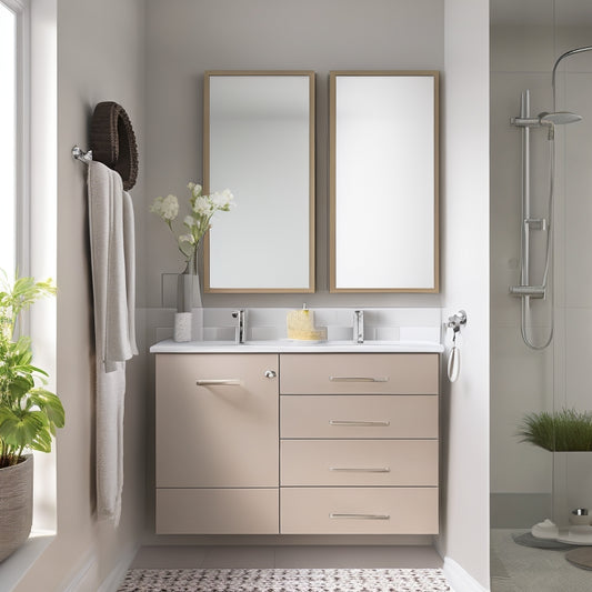 A clean, modern bathroom with a wall-mounted cabinet featuring a mirrored door, soft-close drawers, and a sleek chrome handle, surrounded by neutral-colored walls and a white countertop.