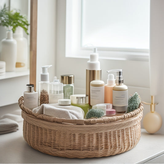 A serene, well-lit skincare station with a clutter-free countertop, featuring a tiered storage tray holding various skincare products, a rotating makeup organizer, and a woven basket tucked beneath.