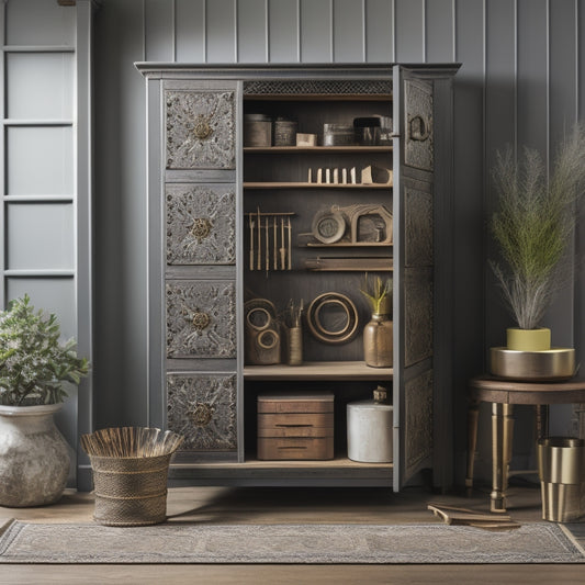 A beautifully styled storage cabinet with ornate metal hardware, surrounded by scattered DIY tools, wooden planks, and a few decorative vases, set against a clean, white, minimalist background.