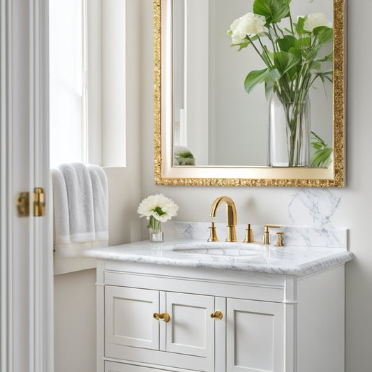 A modern bathroom with a sleek, white wall cabinet featuring ornate gold hardware, surrounded by soft, warm lighting, with a vase of fresh flowers on the nearby countertop.