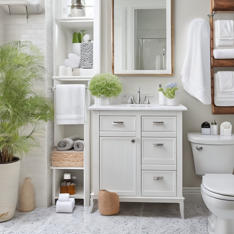 A serene, well-organized bathroom with a sleek, white cabinet featuring 10 neatly arranged essentials: a soap dispenser, toothbrush holder, Q-tips, cotton balls, toilet paper, towels, a toothpaste tube, a hairbrush, and a small potted plant.