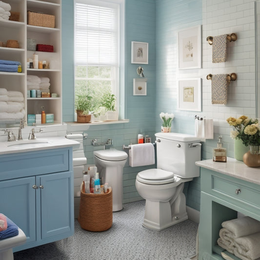 A cluttered bathroom with toilet paper rolls and toiletries scattered around a small sink, contrasted with a tidy bathroom featuring a pedestal sink with built-in storage, a recessed medicine cabinet, and a few neatly organized shelves.