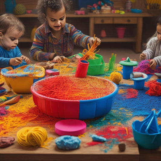 A colorful, messy play area with various noodle textures, shapes, and colors scattered on a large, wooden table, surrounded by curious, creative children's hands and faces in the background.