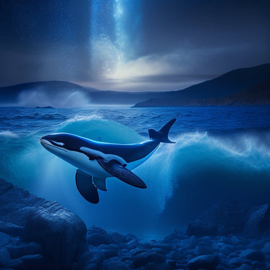 A misty, moonlit ocean scene with a majestic orca breaching the surface, surrounded by swirling, ethereal patterns of silver and indigo, evoking a sense of mysticism and spiritual connection.