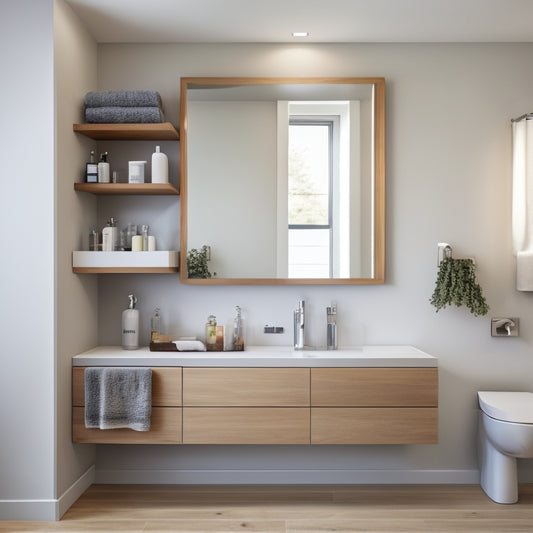 A modern bathroom with white walls, gray countertops, and a large mirror above a floating shelf with a hidden compartment, revealed by a sliding wooden panel.