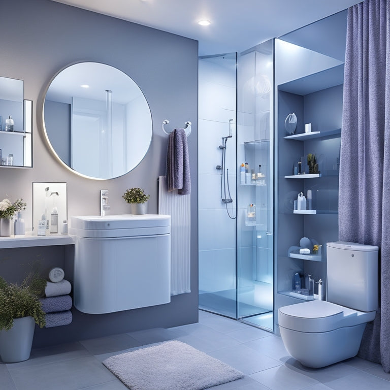 A modern, sleek bathroom with a large, wall-mounted 3D display showcasing a rotating, transparent 3D model of the bathroom, surrounded by various design elements and fixtures in mid-air.