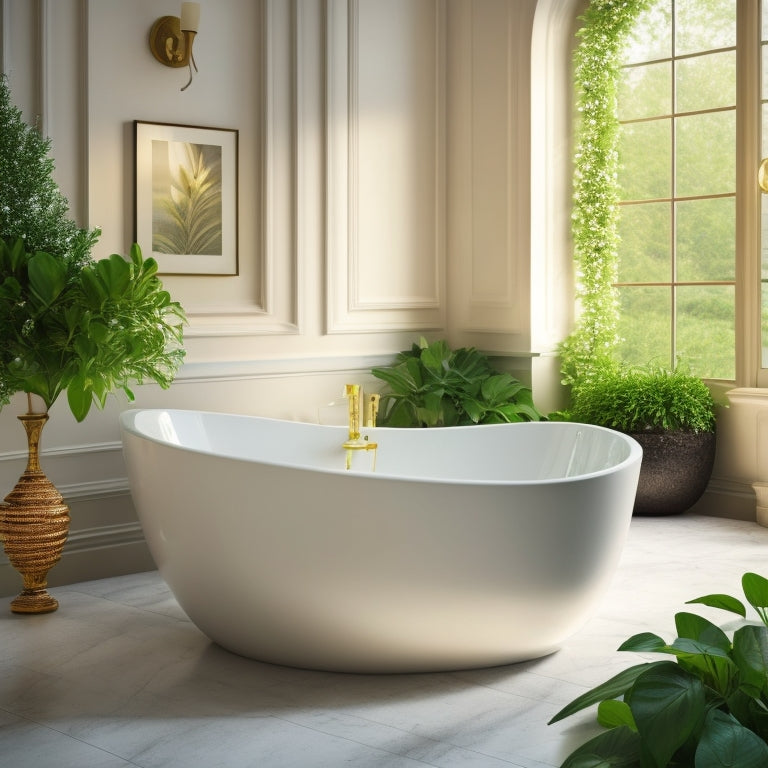 Generate an image of a serene bathroom with a sleek, curved freestanding tub as the centerpiece, surrounded by creamy marble floors, soft candlelight, and lush greenery cascading from a nearby planter.