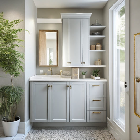 A serene, modern bathroom with a wall-mounted cabinet, slide-out drawers, and a pedestal sink, featuring a mix of closed and open shelving, and a recessed medicine cabinet with mirrored doors.