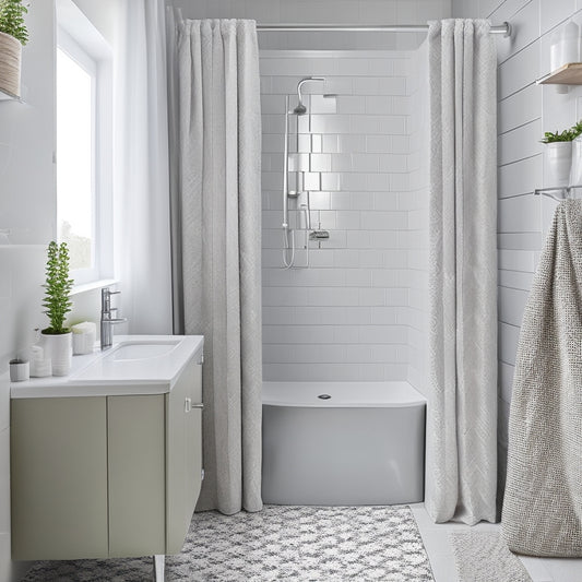 A tidy, modern bathroom with a shower curtain featuring a subtle, geometric pattern, a compact, wall-mounted shelving unit, and a few, carefully-placed baskets and bins in a calming, white-and-gray color scheme.