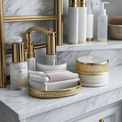 A beautifully styled bathroom drawer with ornate metal handles, filled with neatly organized toiletries, skincare products, and makeup, set against a soft, white marble background.