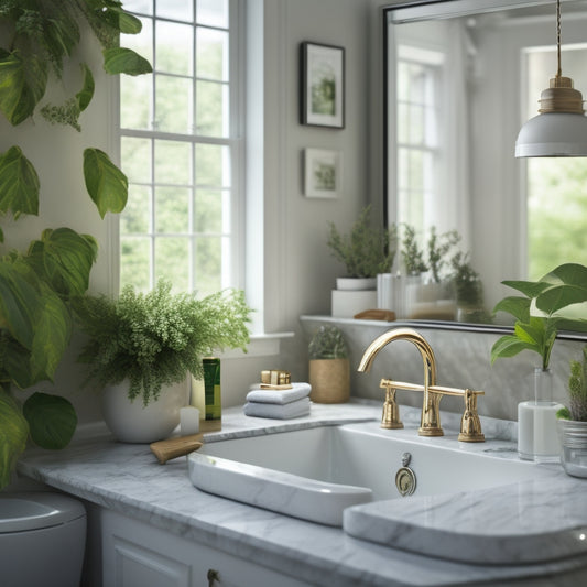 A sparkling clean bathroom with a spotless white sink, faucet, and mirror, surrounded by lush greenery, with a few strategically placed cleaning tools and products in the background.