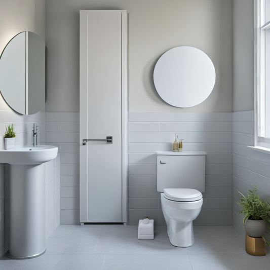 A minimalist bathroom with a wall-mounted sink, a circular mirror, and a toilet with a storage tank hidden behind a sliding panel, surrounded by sleek, white tiles and a grey accent wall.