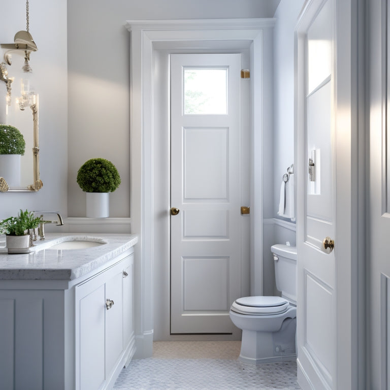 A serene small bathroom with a corner cabinet featuring a rounded glass door, chrome hardware, and soft LED lighting, surrounded by creamy white walls, and a neutral-toned floor.