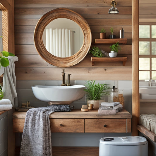 A serene bathroom scene featuring three wooden shelves above a sink, each with a unique wood tone and style: rustic reclaimed wood, modern walnut, and coastal driftwood.