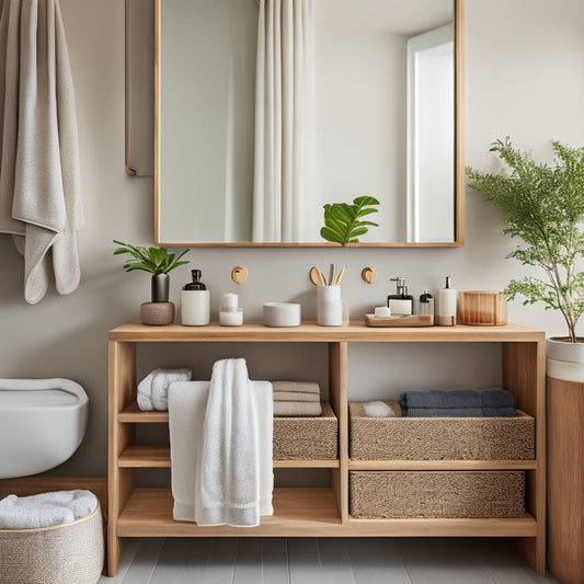 A sleek, modern bathroom featuring elegant wooden shelves filled with neatly organized towels, stylish baskets, and decorative jars, complemented by a minimalist vanity and a chic mirror reflecting natural light.