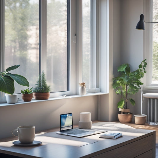 A clutter-free, minimalist apartment interior with a few, carefully-placed decorative items, a laptop open on a small desk, and a calm, peaceful atmosphere, illuminated by soft, natural light filtering through a large window.