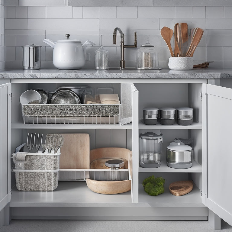 A cluttered base cabinet with jumbled kitchen utensils and cookware beside a refinished cabinet with sleek organizers, drawers, and a pull-out trash can, against a light gray and white marble background.