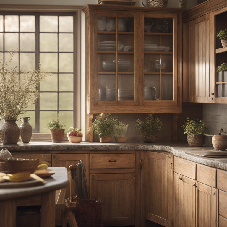 A cozy kitchen scene featuring rustic glass door cabinets with wooden frames, showcasing vintage dishware and plants. Soft natural light filters through, highlighting warm wood tones and a charming, inviting ambiance.