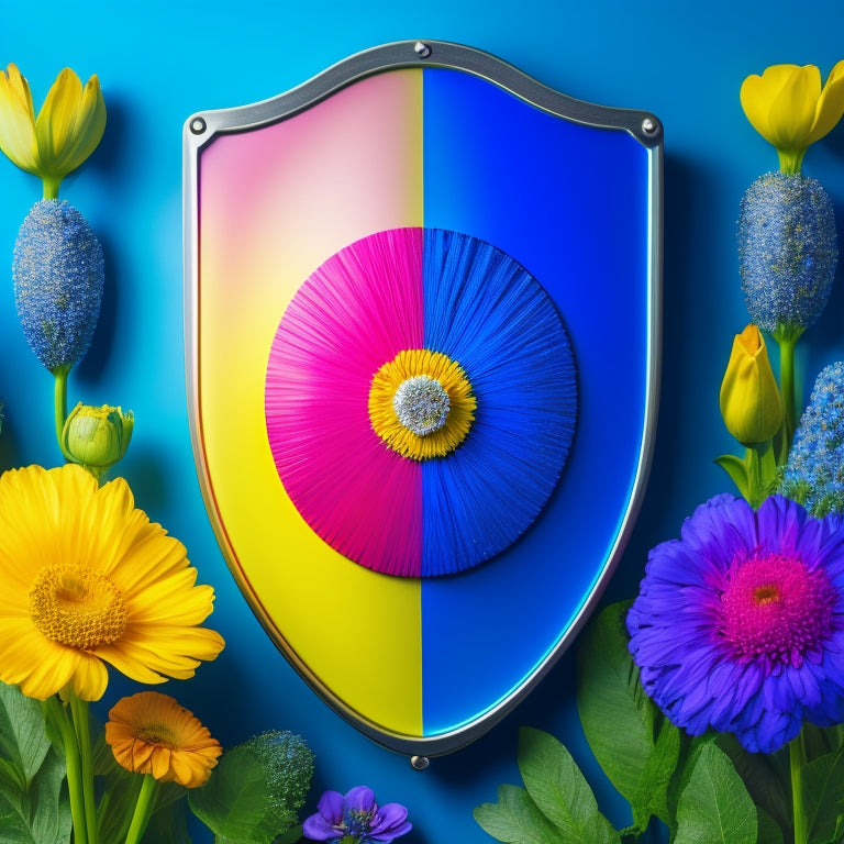 A vibrant, rainbow-colored shield with a bold, silver outline, surrounded by diverse, Pride-flag-inspired flowers, and a subtle, gradient background that transitions from deep blue to bright yellow.