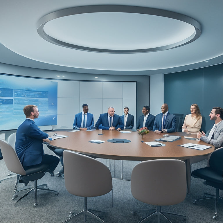 A futuristic, sleek, and modern conference room with a large, curved screen displaying a virtual training session, surrounded by diverse, engaged professionals wearing VR headsets and holding tablets.