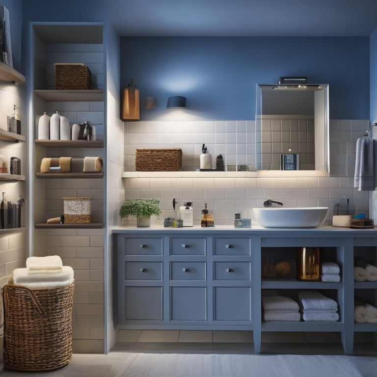 A dimly lit, modern bathroom with a cluttered countertop and floor, suddenly transformed into a tidy space with organized shelves, labeled baskets, and a sleek, wall-mounted storage unit.