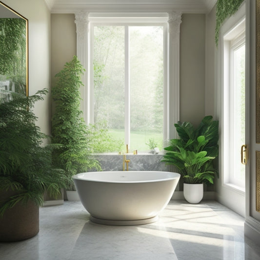 A serene, spa-like bathroom featuring a large, freestanding tub nestled between two floor-to-ceiling marble slabs, surrounded by soft, warm lighting and lush greenery.