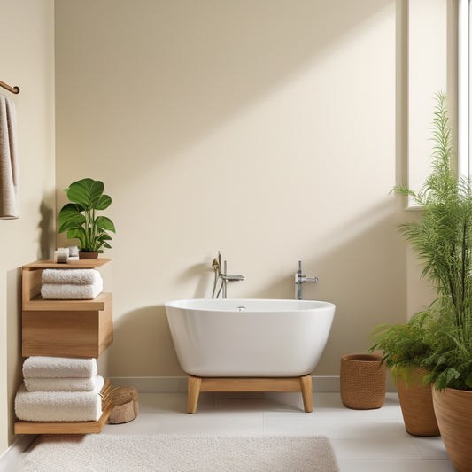 A minimalist bathroom with cream-colored walls, featuring a floating wooden shelf with rounded edges, holding a few rolled towels and a potted plant, above a freestanding tub.