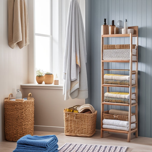 A spacious bathroom featuring a stylish wooden ladder rack holding colorful towels, a wicker basket overflowing with extra linens, and neatly organized shelves with decorative bins, all illuminated by soft, natural light.