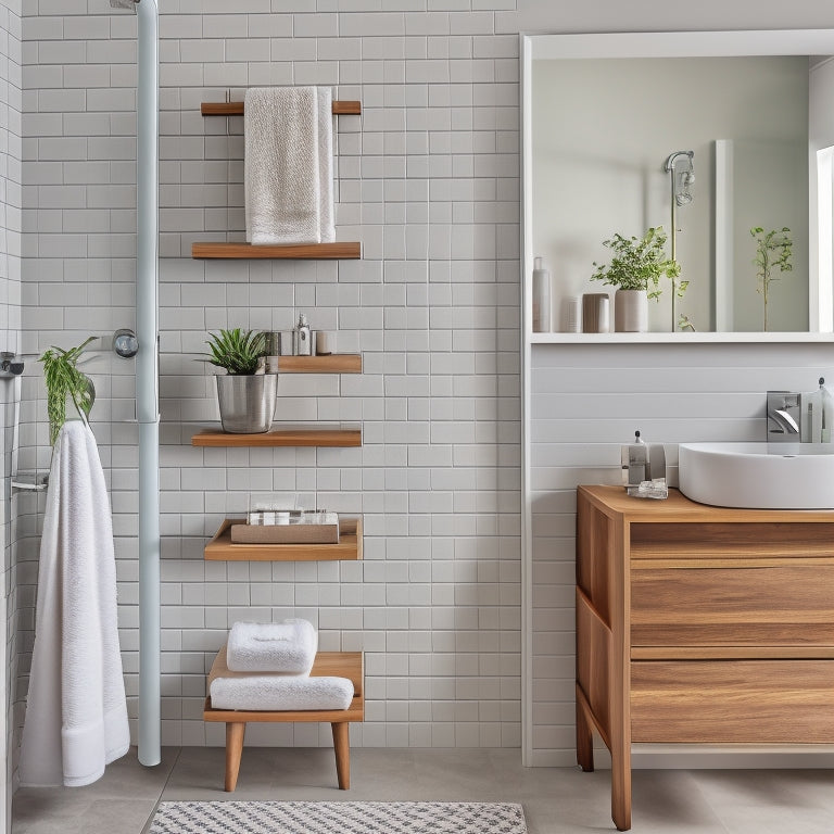 A modern bathroom with a freestanding, wall-mounted shelving unit featuring three horizontal wooden slats and sleek metal brackets, holding rolled towels, decorative vases, and a few toiletries.