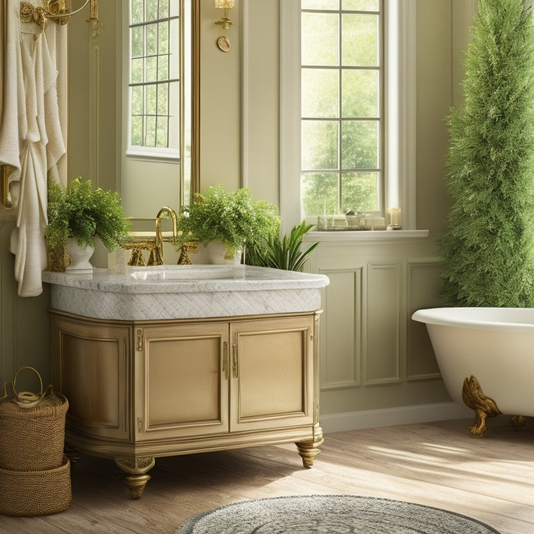 A serene bathroom scene with a warm, honey-toned cabinet with ornate hardware, paired with a freestanding tub, surrounded by lush greenery and soft, golden lighting.