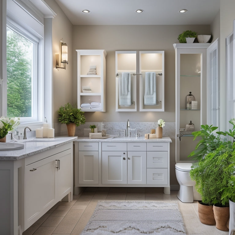 A serene bathroom with soft, warm lighting, featuring a sleek, white drawer system with dividers, compartments, and accessories like baskets, trays, and a built-in charging station.