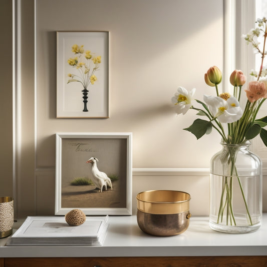 A serene, minimalist room with a few carefully placed items, including a vase with fresh flowers, a tidy bookshelf, and a few framed photographs, bathed in warm, natural light.