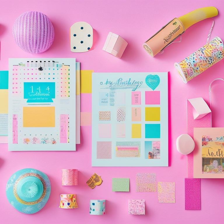 A vibrant, colorful collage of various printables, including a calendar, stickers, washi tape, and colorful paper clips, arranged on a pastel pink background with subtle polka dots.