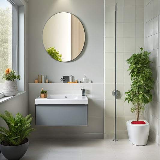 A serene, minimalist bathroom with a wall-mounted sink, toilet, and shower, surrounded by sleek, gray tiles, with a large, circular mirror above the sink, and a small, potted plant on the floor.