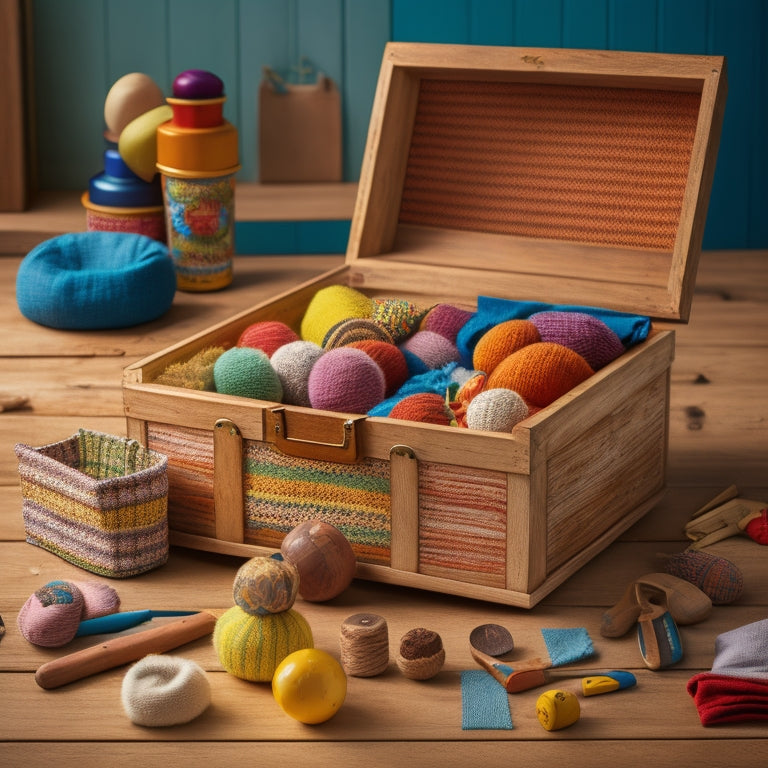 A colorful, rustic wooden toy chest with a slightly ajar lid, surrounded by scattered toys, wooden craft tools, and vibrant fabric scraps, set against a bright, sunny background.