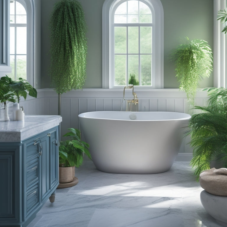 A serene bathroom scene featuring a freestanding tub with a curved, chrome faucet, surrounded by white marble tiles, lush greenery, and soft, warm lighting.