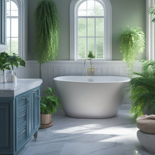 A serene bathroom scene featuring a freestanding tub with a curved, chrome faucet, surrounded by white marble tiles, lush greenery, and soft, warm lighting.