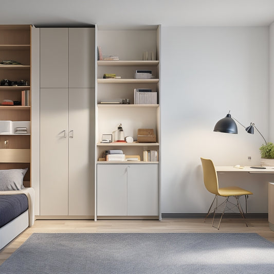 A minimalist, modern studio apartment with a murphy bed, a compact desk, and a storage ottoman, surrounded by cleverly hidden shelves and multi-functional furniture pieces.