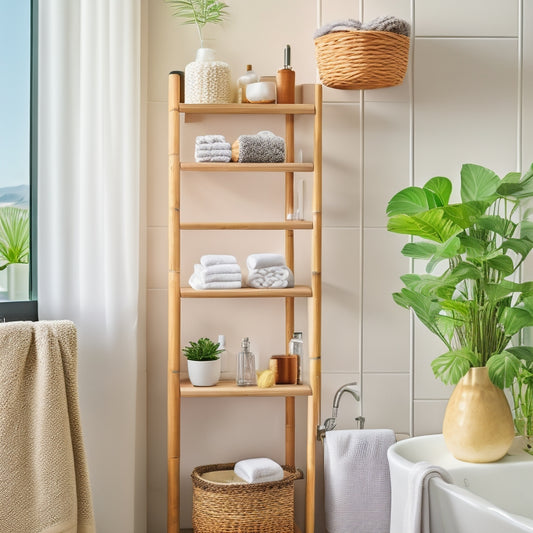 A sleek, modern bathroom featuring elegant organizers: bamboo shelves displaying neatly rolled towels, glass jars filled with cotton balls, a marble countertop with stylish baskets, and a minimalistic ladder holding vibrant plants.