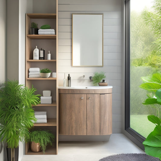 A sleek, modern bathroom corner unit featuring minimalistic design, soft wood finishes, integrated shelving, and stylish accessories. Soft ambient lighting highlights the unit, surrounded by elegant tiles and lush greenery for a serene atmosphere.