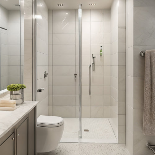 A sleek, modern bathroom with a shower area featuring a wall-mounted glass door organizer in a chrome finish, holding toiletries and towels, surrounded by marble tiles and soft, warm lighting.