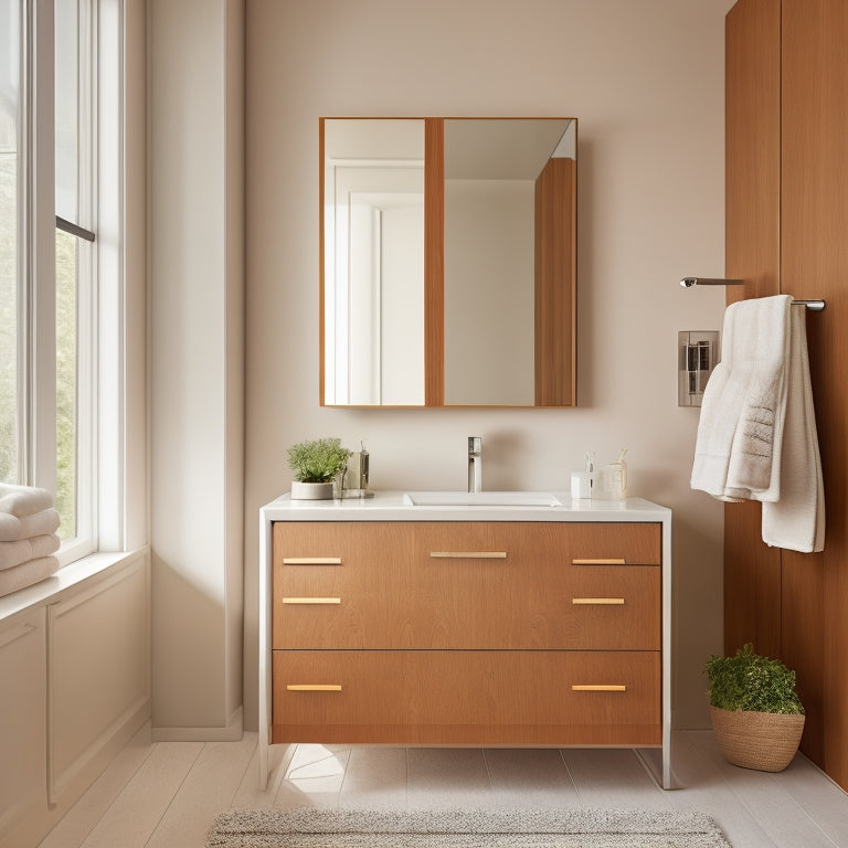 A modern bathroom with a large mirror, sleek faucet, and a wall-mounted cabinet with a soft-close door in a warm, honey-brown wood tone, surrounded by crisp white walls and a subtle grey floor.