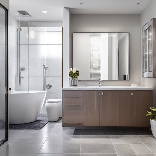 A sleek, modern bathroom with a corner cabinet featuring a rounded glass door, chrome hardware, and ambient LED lighting, surrounded by marble countertops and a freestanding tub.